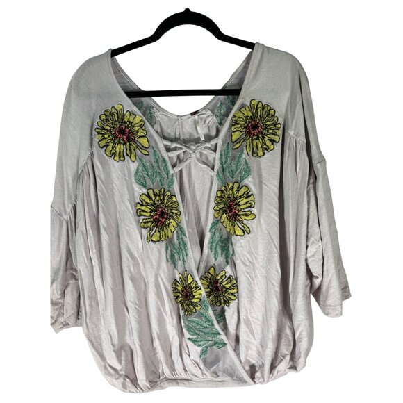 Free People Gotta Love It Embroidered Neutral Gray Yellow Floral Top - Picture 2 of 9